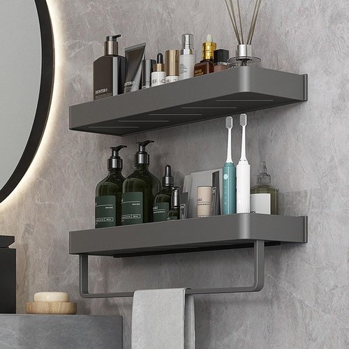 kaileyouxiangongsi Wall Mounted Bathroom Shelves, 2-Tier Floating Shelf with Removable Hooks, Bathroom Wall Organizer(Gray)