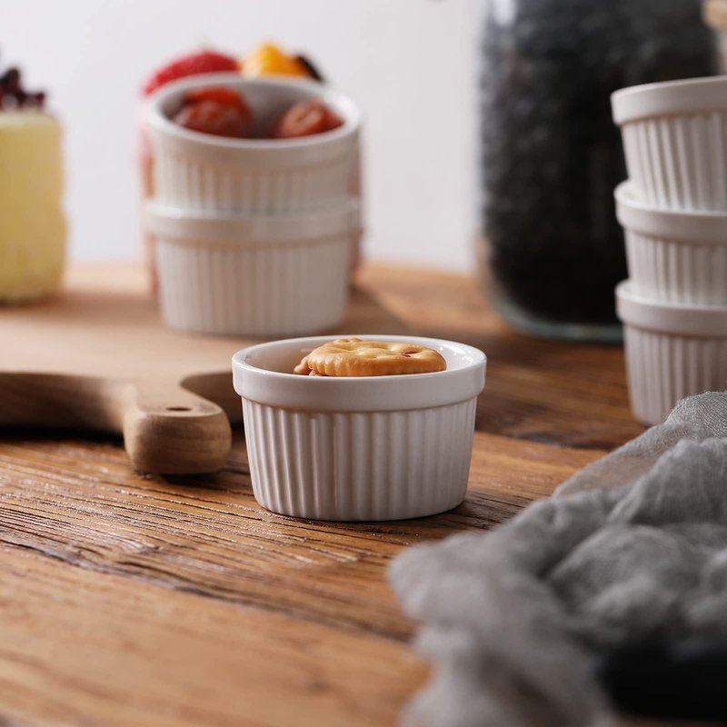 3 oz Ramekins 6 pcs Porcelain Ramekins Dishes for Souffle,Creme Brulee, Pudding, Custard Cups,Bakeware Bowls Set for Baking,Oven Safe, White 2.75 inch