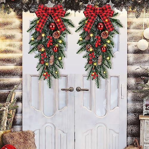 3 Pcs 24-Inch Lighted Christmas Teardrop Swags with Pine Cones & Berries
