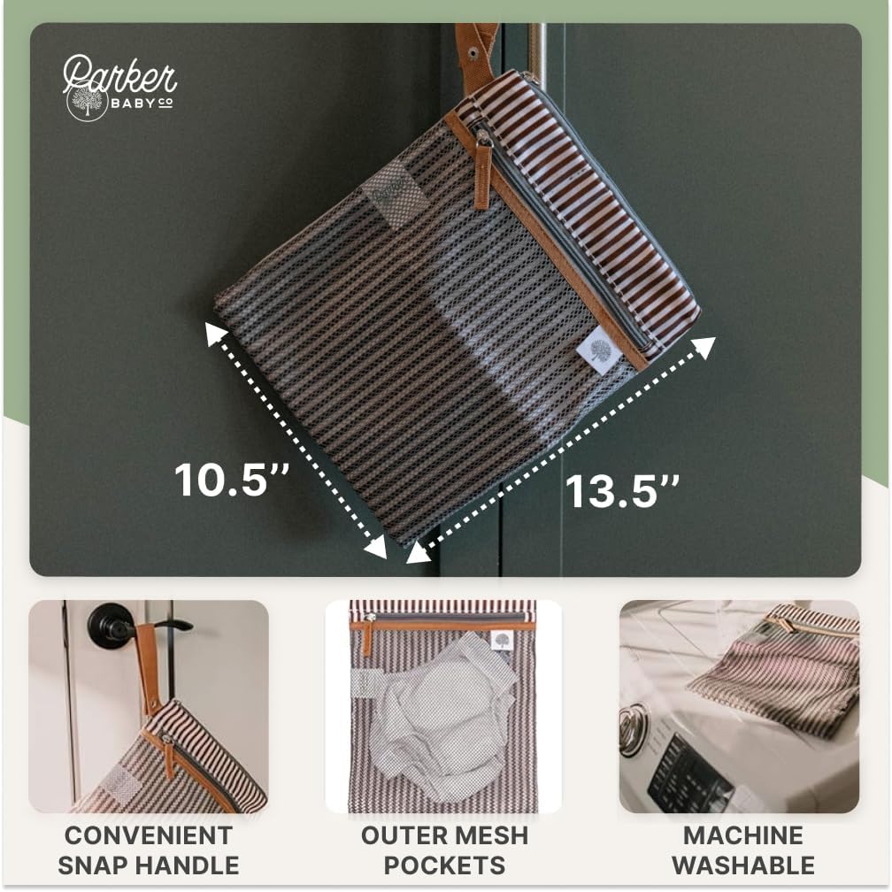 Parker Baby Cloth Diaper Wet Dry Bag - Waterproof Reusable Accessory with Mesh Organizer & Zippered Pocket