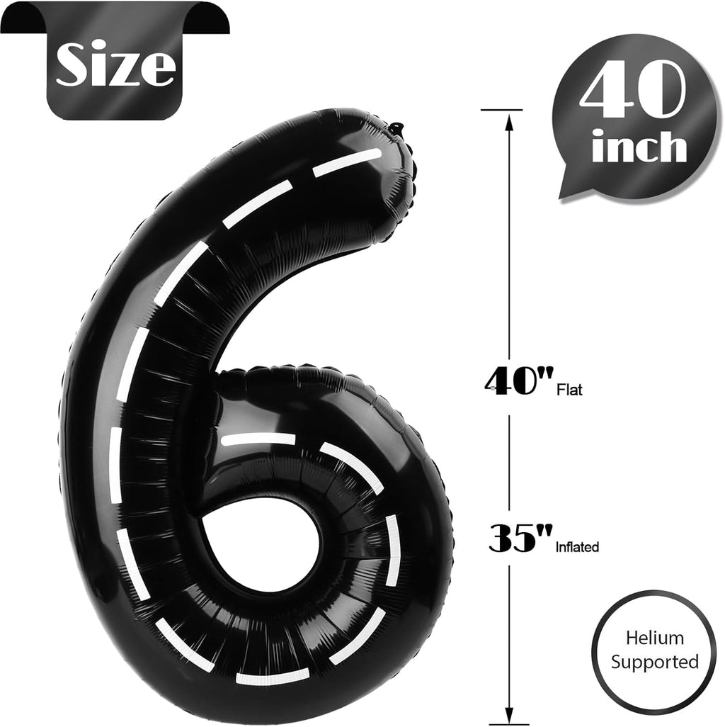 Race Car 6 Balloon - 40 Inch Black Number 6 Balloon for Birthday Decorations | Race Party Decor