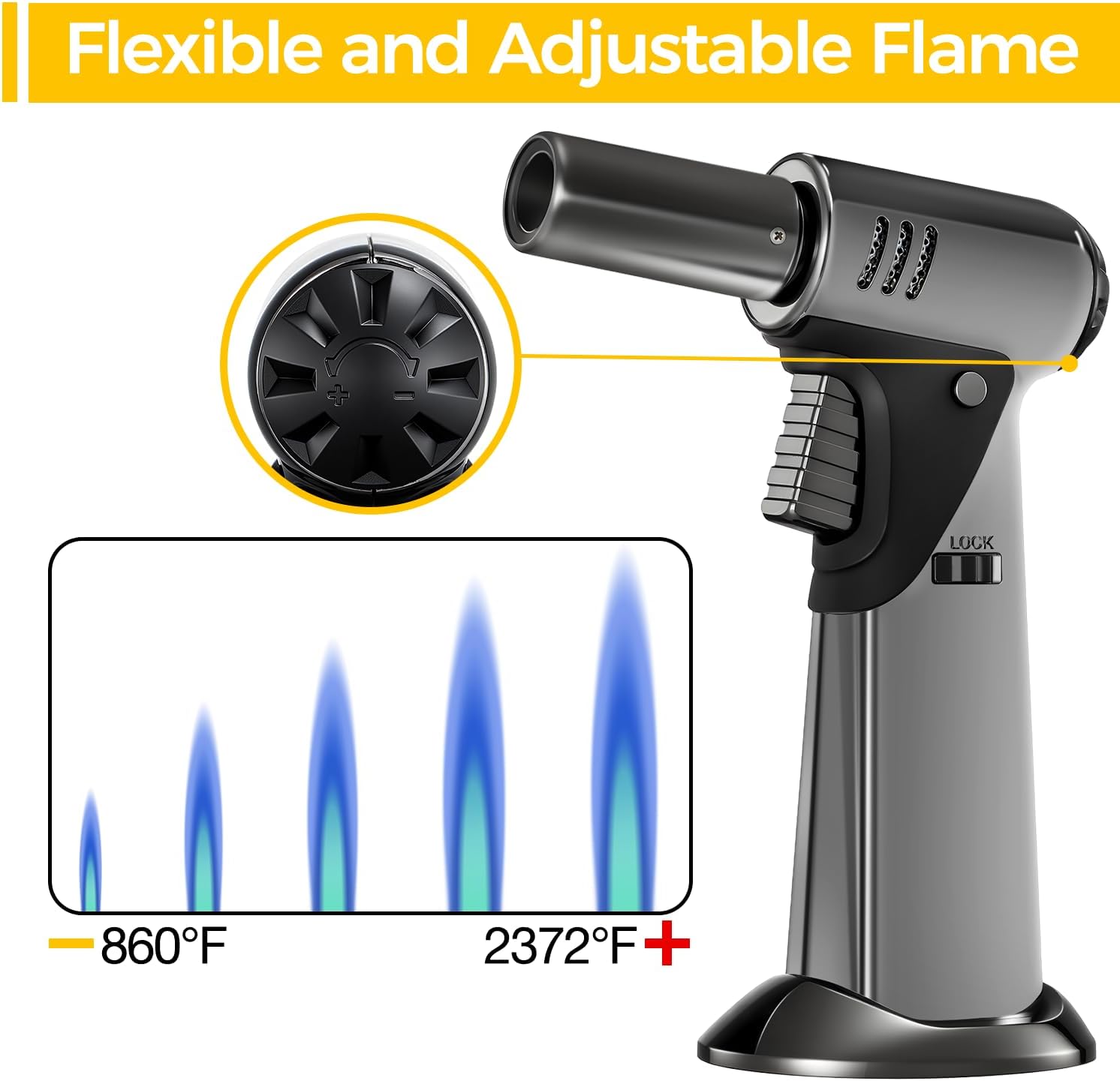 Skiennix Butane Torch - Adjustable Flame Kitchen Torch with Safety Lock for Baking & BBQ | Refillable Lighter