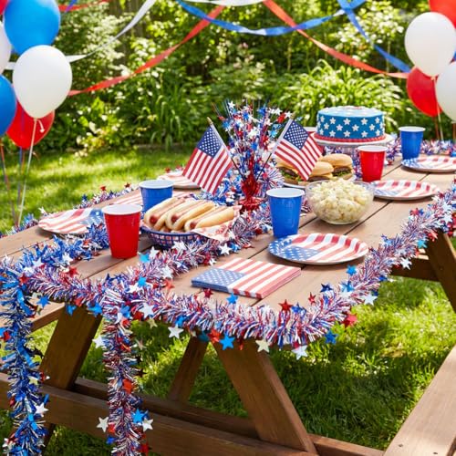 Red White Blue Star Tinsel Garland - 32.8ft Patriotic 4th of July Decor (2 Pack)