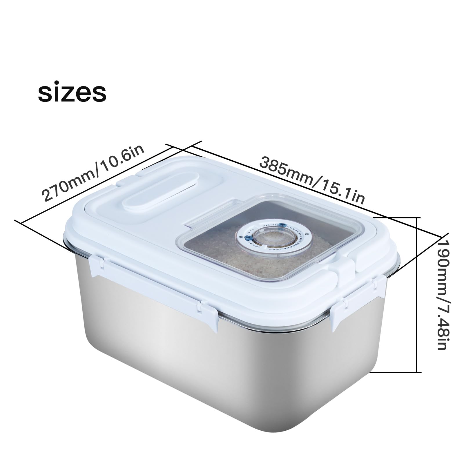 Mairuker 20Lbs Airtight Rice Container with Flip Lid, Stainless Steel Food Storage Container with Date Tracker, Measuring Cup and Spoon, 10L Portable Kitchen Pantry Bin for Flour Grain Sugar - Silver