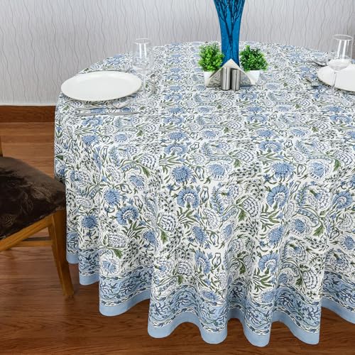 Smalt Blue 90-Inch Round Hand Block Printed Cotton Tablecloth - Floral, Washable, Home Decor