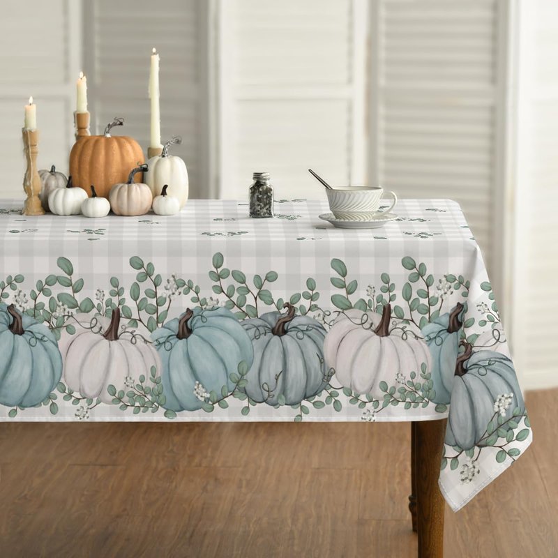 Horaldaily Fall Tablecloth 60x104 Inch Rectangular, Thanksgiving Autumn Harvest Blue Pumpkin Buffalo Plaid Table Cover for Party Picnic Dinner Decor