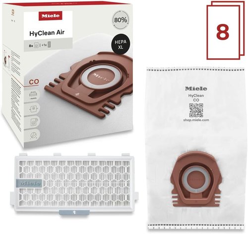 Miele HyClean Air CO Vacuum Cleaner Bags - XL Pack of 8 with 2 AirClean Exhaust Filters | Compatible with Miele Guard M1