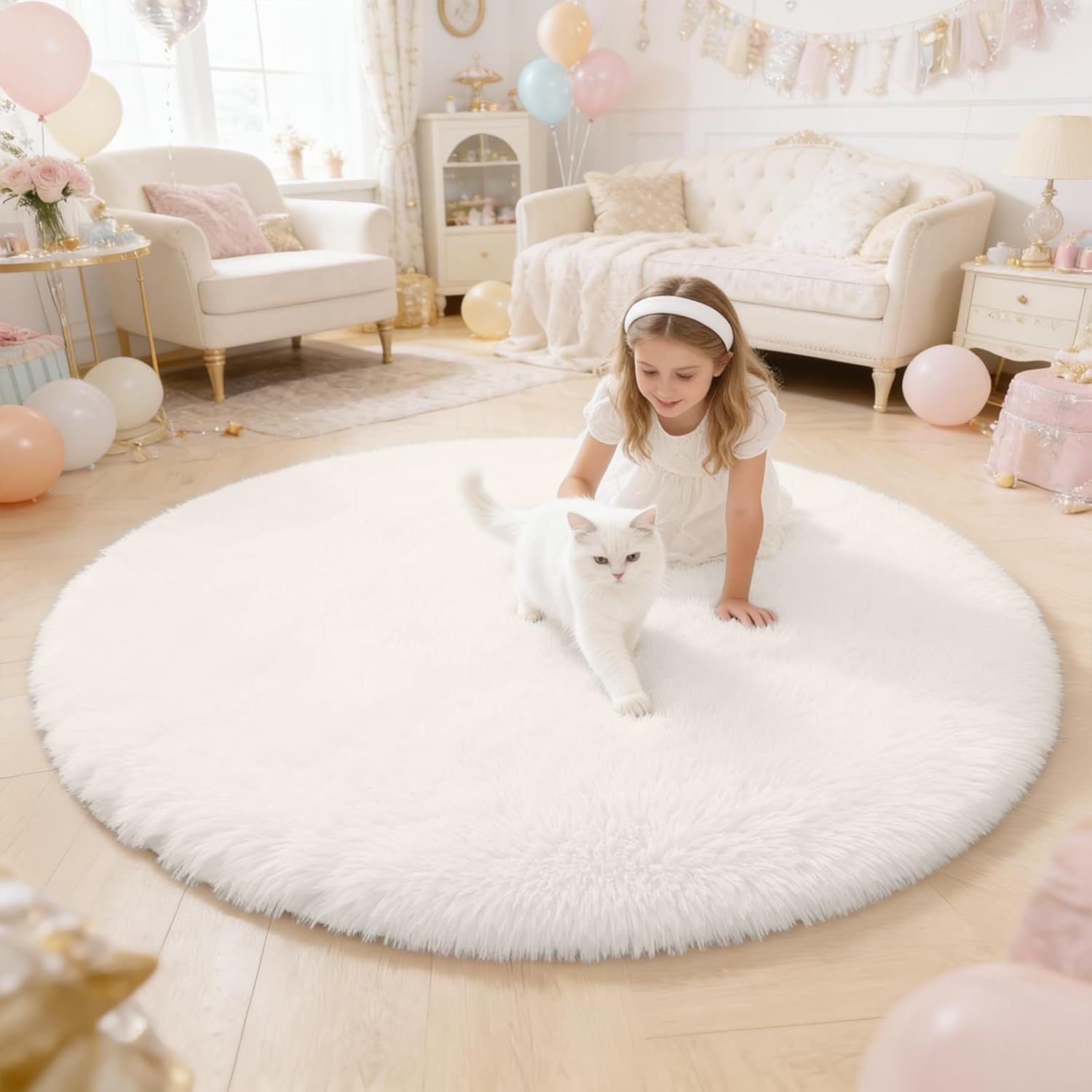 OLANLY Ivory Round Rug - Soft, Fluffy Shaggy Carpet | 4 ft Machine Washable Area Rug for Bedroom & Living Room