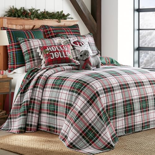 Spencer Plaid Full Bedspread - Reversible Cotton - 90x106in - Green Red White
