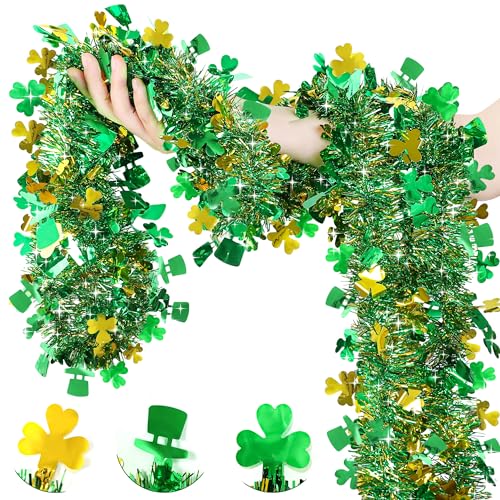33ft St. Patrick's Day Shamrock Tinsel Garland - Green & Gold Decor