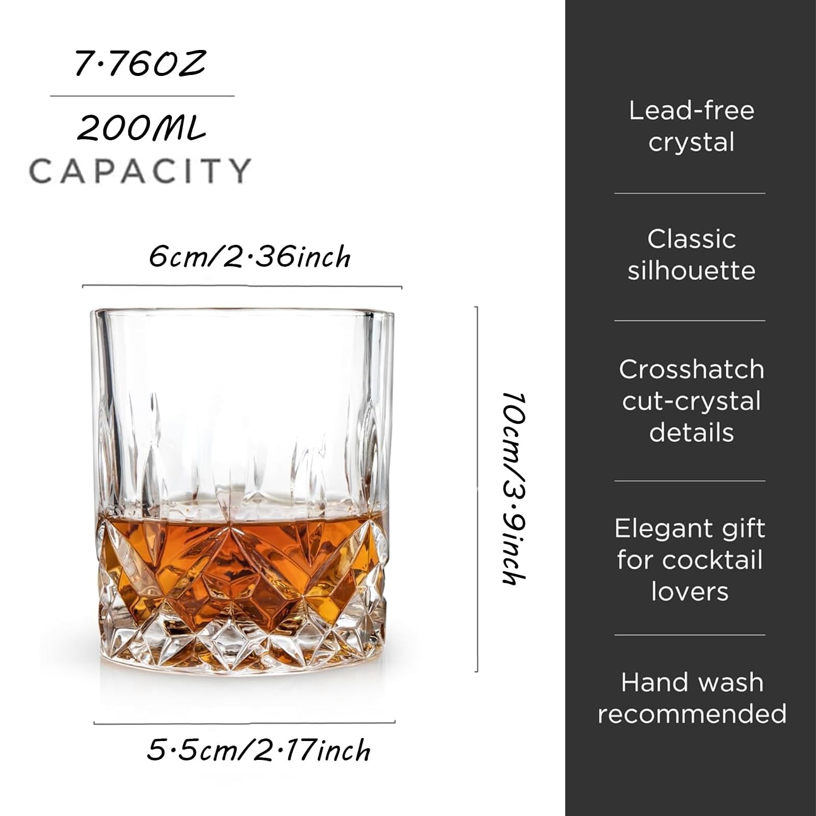 Mkzruulf Crystal Cut Old Fashioned Whiskey Glasses Set of 2 Clear Glass Tumbler 7.4 Oz (with 2 Ice Clips) for Drinking Bourbon, Scotch, Cognac, Cocktails Gift for Men, Dad, Father
