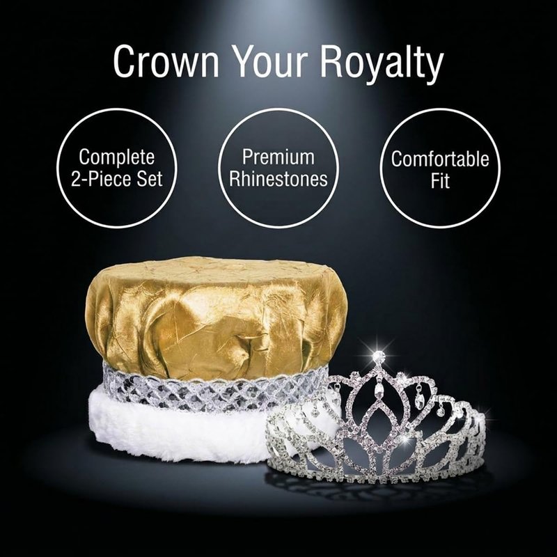 Anderson’s Royal Grandeur Coronation Set, Gold Crushed Satin King Crown and Sparkling Rhinestone Mirabella Tiara for Prom, Homecoming, Winter Formals, Special Events and Dance Coronations