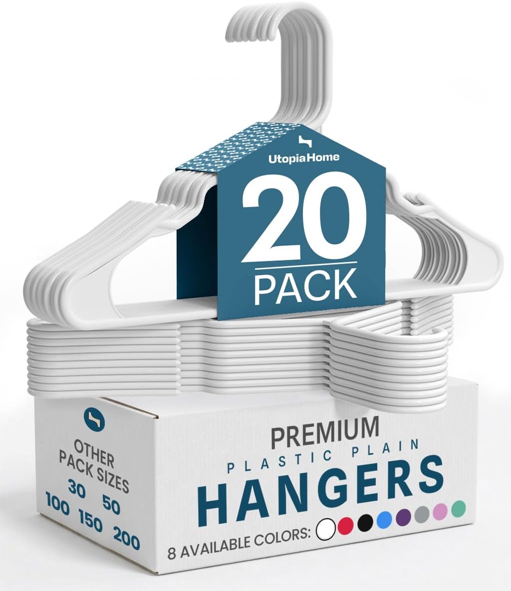 Utopia Home Clothes Hangers 20 Pack - Durable Space-Saving Plastic Coat Hangers with Shoulder Grooves | White
