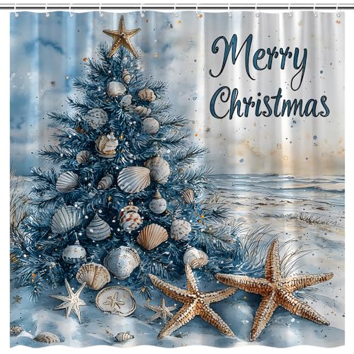 FAXTOZ Christmas Shower Curtain 70x70 Inches Coastal Watercolor Tree Shells Starfish