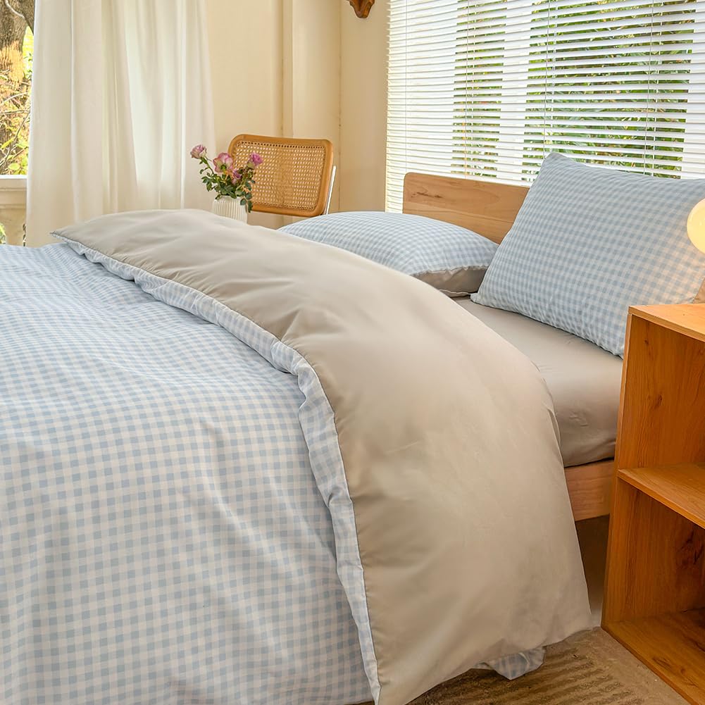 NSNLGSGC Light Blue Gingham Duvet Cover Set Twin, Blue Grid Simple Geometric Square Pattern Comforter Cover,Soft Plaid Washed Microfiber Bedding Cover(2PCS,Twin)