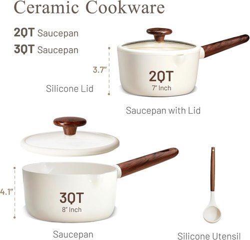 CAROTE Ceramic Nonstick Saucepan Set - 2QT & 3QT with Lid & Ladle | Easy to Clean, Induction Compatible, PFAS Free, White