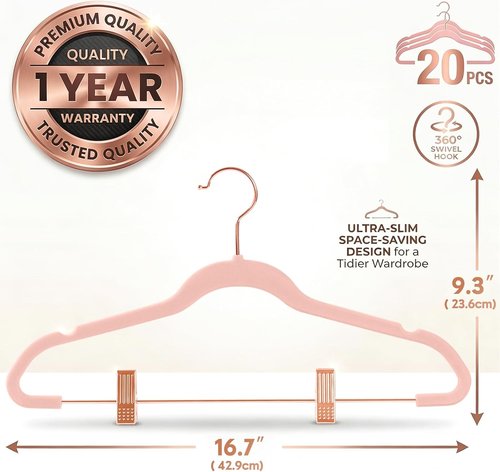 MIZGI Premium Velvet Pants Hangers - Non-Slip Clips for Skirts & Dresses | Blush Pink, Pack of 20