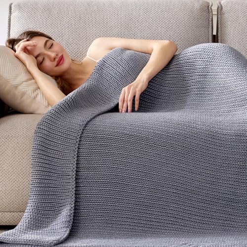 Knitted Weighted Blanket 60"x80" 15lbs - Bead-Free Cooling Throw Blanket - Light Grey