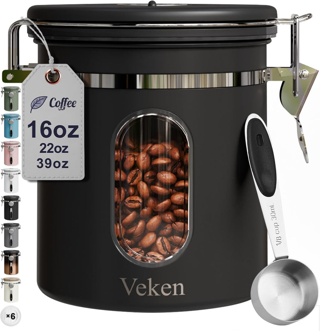 Veken Coffee Canister - Airtight Stainless Steel Storage Container with Window & Date Tracker | 16oz Black