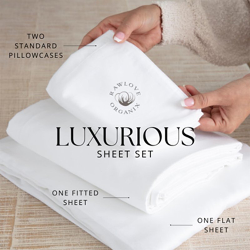 Rawlove Organix 100% Pure Organic Cotton Sheet Set - Luxury 4-Piece - Chemical Free, Breathable - White - Sensual Comfort (California King)