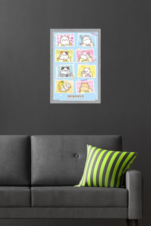 Bananya - Grid Wall Poster, 22.4L" x 14.7W", Gray Framed Version