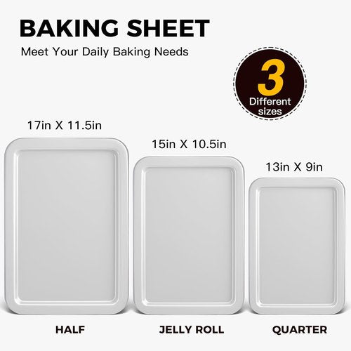 HONGBAKE Nonstick Cookie Sheet Set - 3 Pack Baking Pan with Wider Grips | Noble Silver Finish