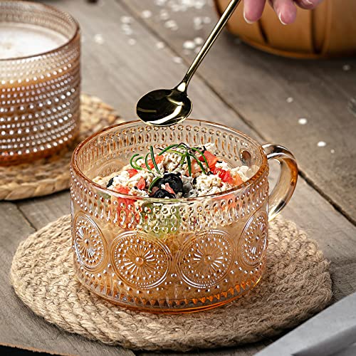 Gezzeny Amber Vintage Coffee Mugs Set of 2 - 14 Oz Embossed Glass Tea Cups for Cappuccino, Latte, Beverage & Gifts