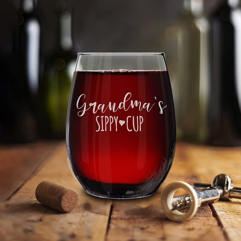 shop4ever Grandma's Sippy Cup Engraved Stemless Wine Glass 15 oz. Gift for Grandmother