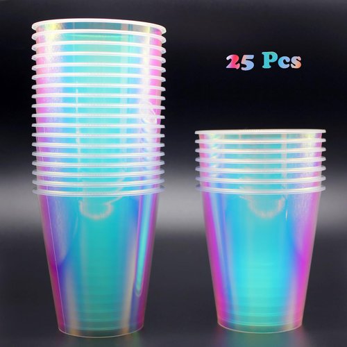 MnhoMnrn 25 Pcs Iridescent Clear Plastic Cups 12oz Fancy Thick Neon Disposable Drinking Cups Cute Glitter Holographic Hard Plastic Cup for Party Decoration (Clear)