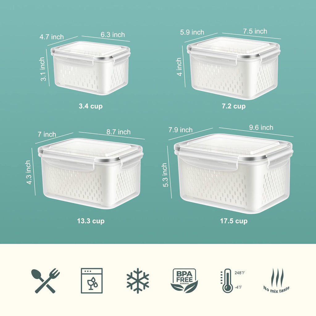 ODOMU 8 PS Fruit Storage Container for Fridge, Plastic Fruit Containers for Fridge with Removable Colander, Container for Fruit Berry Salad Lettuce, BPA Free Kitchen Refrigerator Organizers