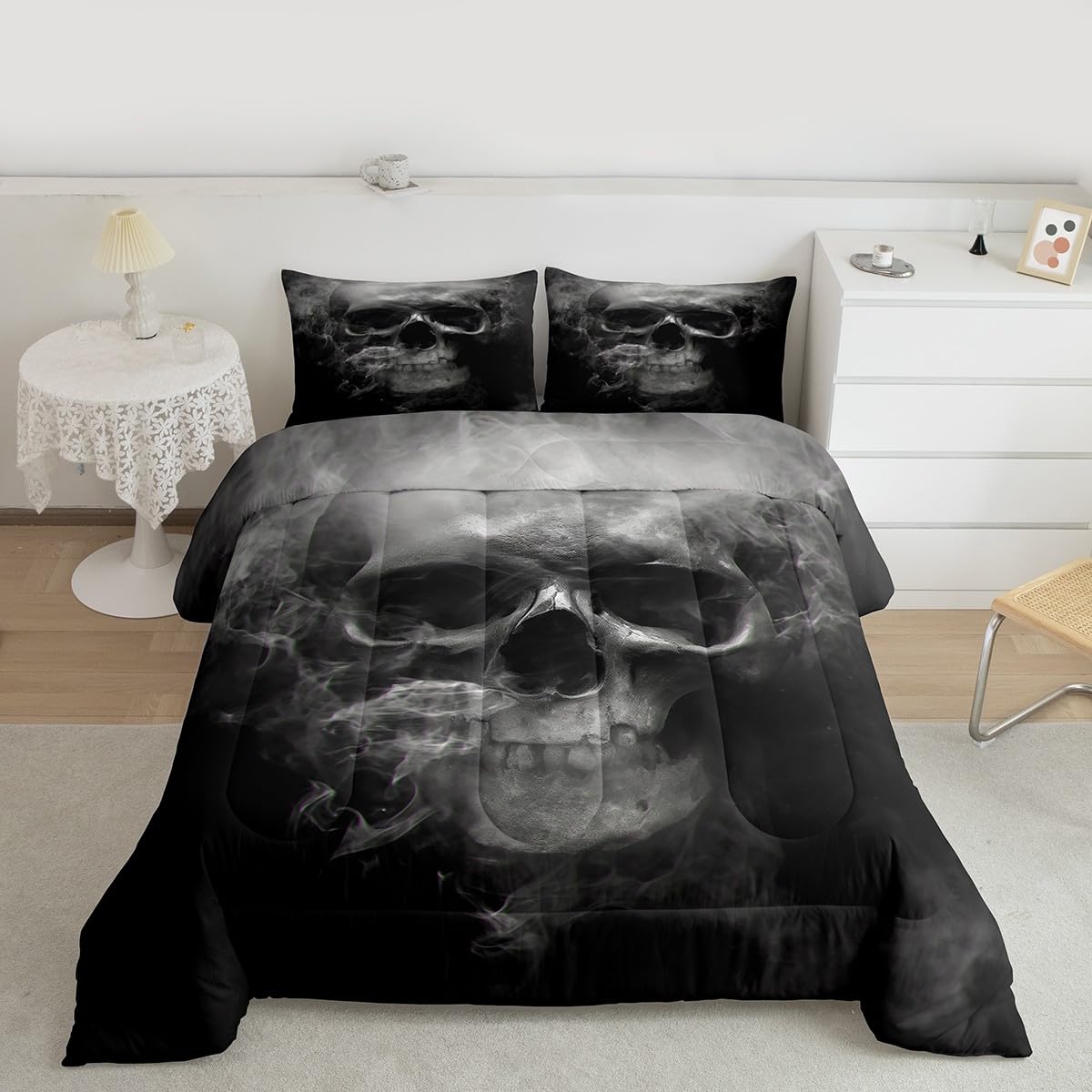 Erosebridal Skull Comforter Set Queen, Halloween Down Comforter, Gothic Fog Smoke Skull Skeleton Quilted Duvet, Grey Bedding Comforters for Young Man Boy Teens, Room Decorative, Soft Duvet Insert