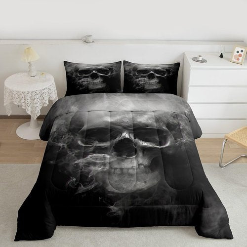 Erosebridal Skull Comforter Set Queen, Halloween Down Comforter, Gothic Fog Smoke Skull Skeleton Quilted Duvet, Grey Bedding Comforters for Young Man Boy Teens, Room Decorative, Soft Duvet Insert
