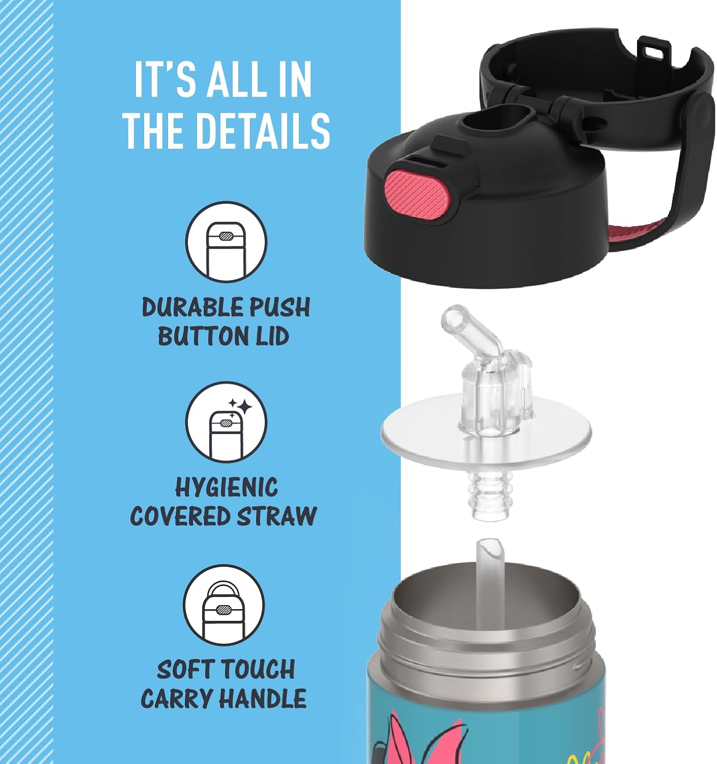 THERMOS FUNTAINER Water Bottle - 12 Ounce Stainless Steel, Vacuum Insulated with Straw | Minnie Mouse Design