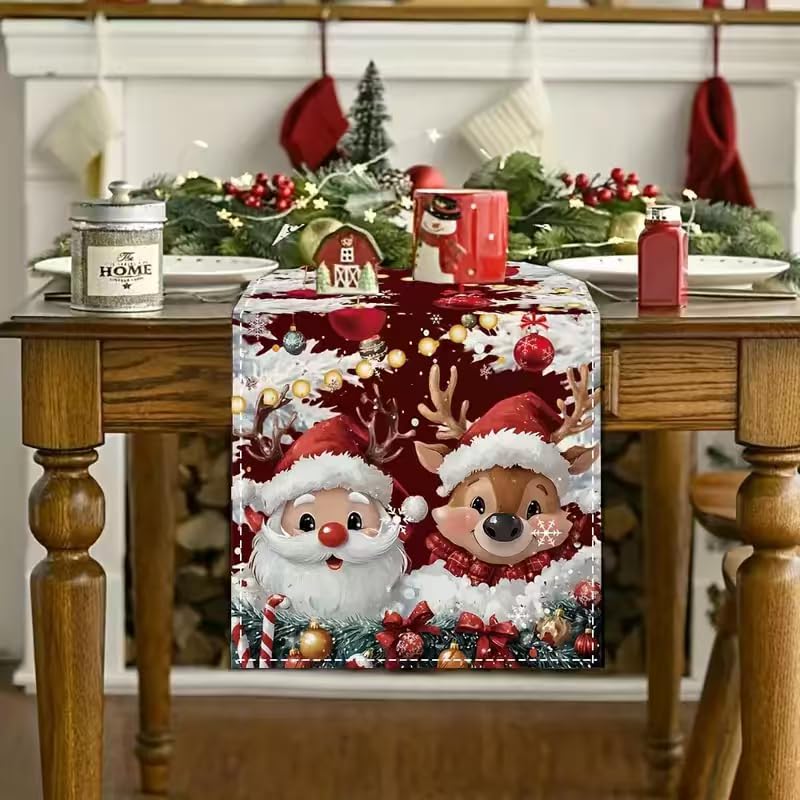 Generic Christmas Santa Claus Deer Snow Table Runner 13x48 Inch - Holiday Home Decor