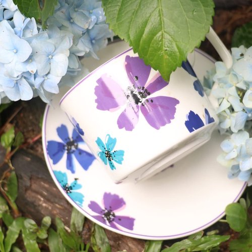 GuangYang 7oz Tea Cups set of 6, Fancy Color Flowers Design (Durable Porcelain for Hot Tea, Coffee, Latte,Small Macchiato, Cappuccino, Chocolate Drinks and Party)