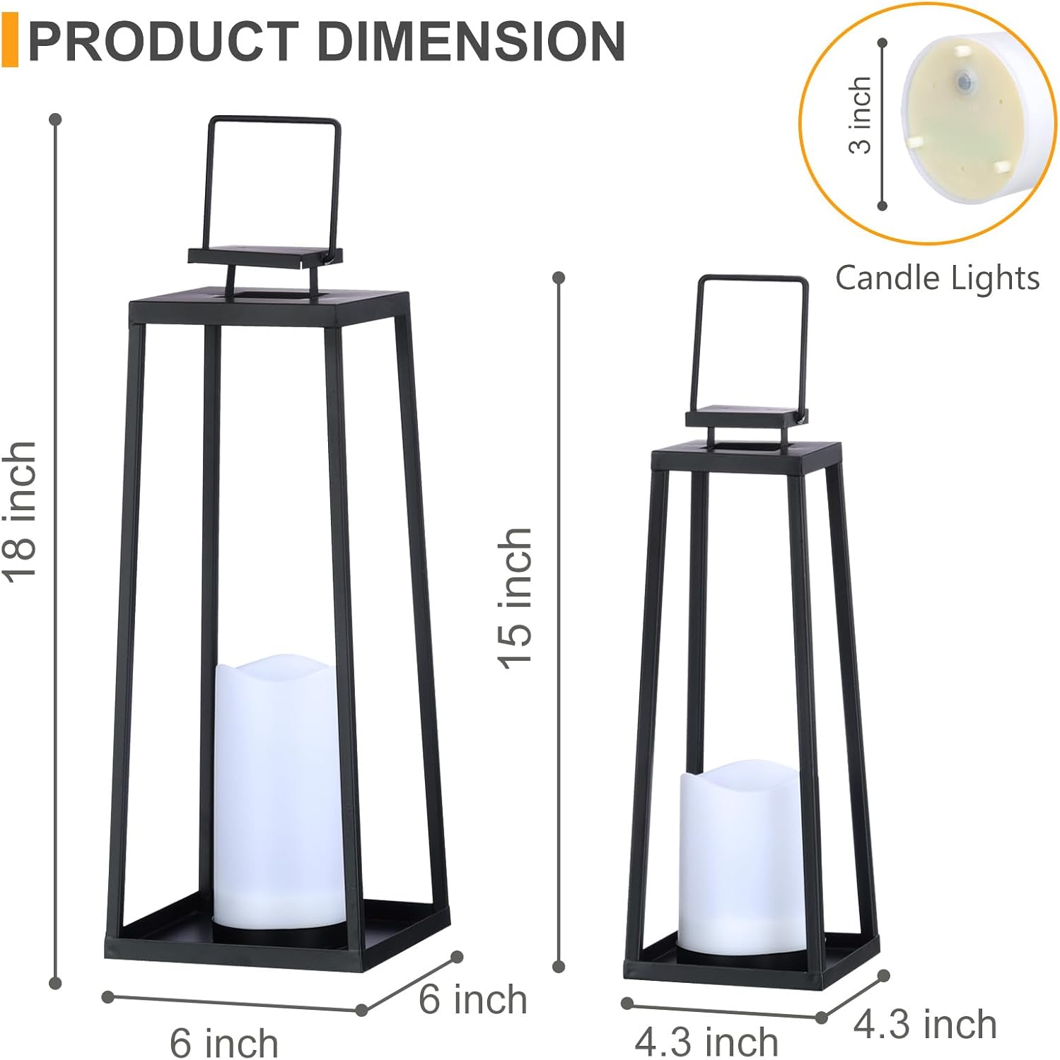 Skiennix Solar Lanterns - Decorative Outdoor Set of 2 | Modern Black Metal with Solar Candles (18’’ & 15’’)