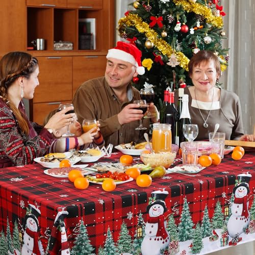 Christmas Tablecloth 60x84 Inch Red Black Buffalo Plaid Snowman Holiday Decor