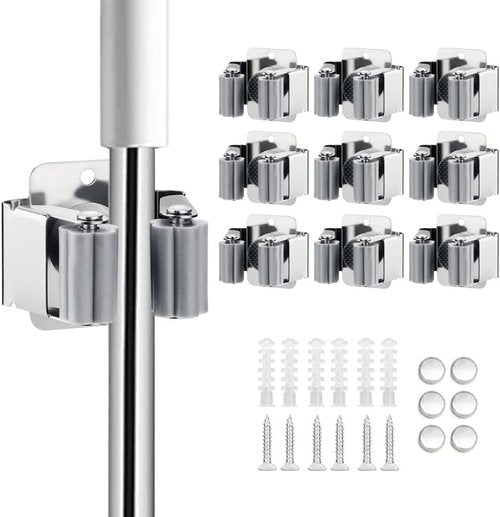 JAMEND Heavy-Duty Broom and Mop Holder | 9-Piece Stainless Steel Garden Tool Organizer - Wall-Mounted Silver