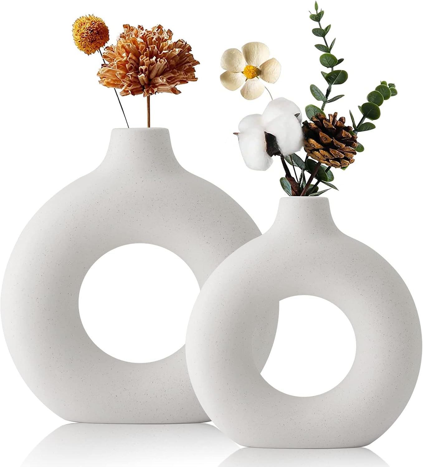 Skiennix White Ceramic Vases - Modern Circle Pampas Grass Decor | Set of 2 for Minimalist Home & Office