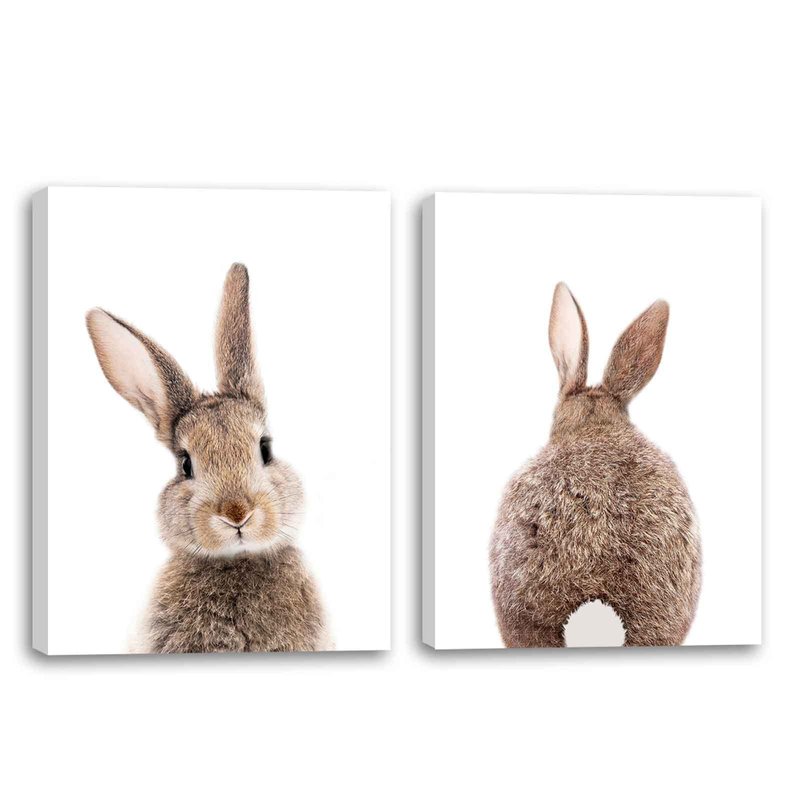 Mokihidream Nursery Wall Art Bunny Rabbit Canvas Print Wall Decor Woodland Animal Posters Kids Room Set of 2 Bedroom Decoration Bunny Rabbit Pictures Framed Wall Art