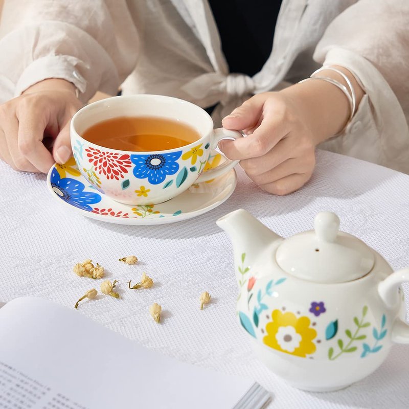 CHILDIKE Tea for One Set, Porcelain Teapot for One and Cup Set, Tea Set for One, Floral Tea Set for Gift, Women, Garden Spring