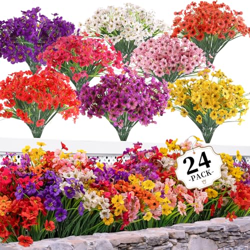 24 Bundles Artificial Flowers for Outdoors - UV Resistant Faux Plants