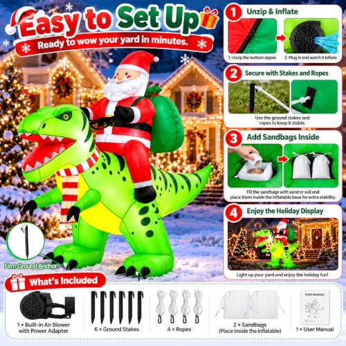 Candieslife Santa & Dinosaur Inflatable - 8ft Christmas Yard Decor with LED Lights