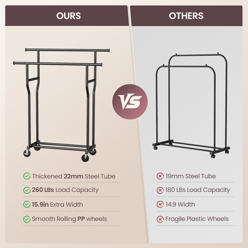 Skiennix Double Rods Rolling Clothes Rack - Heavy-Duty 260 LBS Capacity | Portable Metal Garment Rack in Black