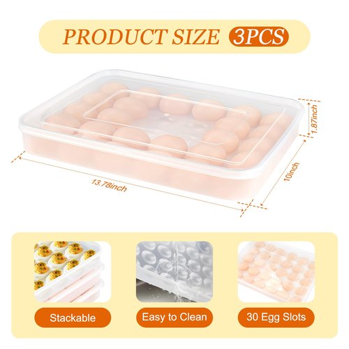 3 Pack 90-Count Deviled Egg Containers with Lid & 8 Pcs Deviled Egg Piping Tool, Transparent Deviled Egg Tray – Stackable Racks for Refrigerators, Suitable for Parties, Easter, Travel