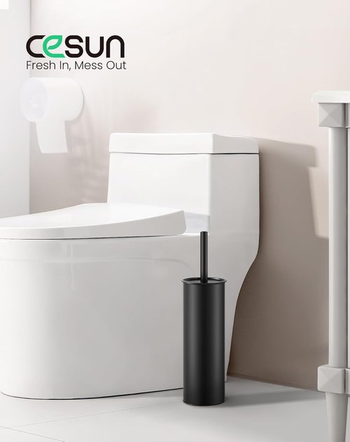 Cesun Toilet Brush and Holder Set - Curved Design for Deep Cleaning | 304 Stainless Steel, Black, 2 Replaceable Heads