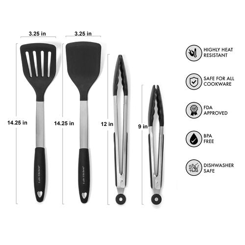 Daily Kitchen Spatulas Heat Resistant Silicone and Stainless Steel – Tongs and Turners with Rubber Grip - Flexible Silicone Spatula Tongs for Cooking and Non Stick Cookware – Cooking Utensils 4-Set
