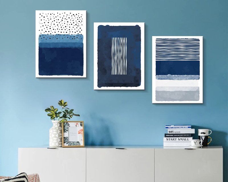 Creoate Blue Canvas Wall Art 3 Pieces - Abstract Blue White Painting Framed Print for Living Room Bedroom Decor Navy 16x24 Inch