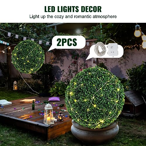 20-Inch Artificial Boxwood Topiary Balls with LED String Lights, 2-Pack