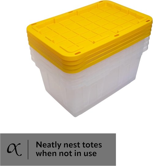 CX Black & Yellow 27-Gallon Heavy Duty Storage Bins - Stackable & Weather-Resistant | 4 Pack (14.3H x 20.6W x 30.6D)